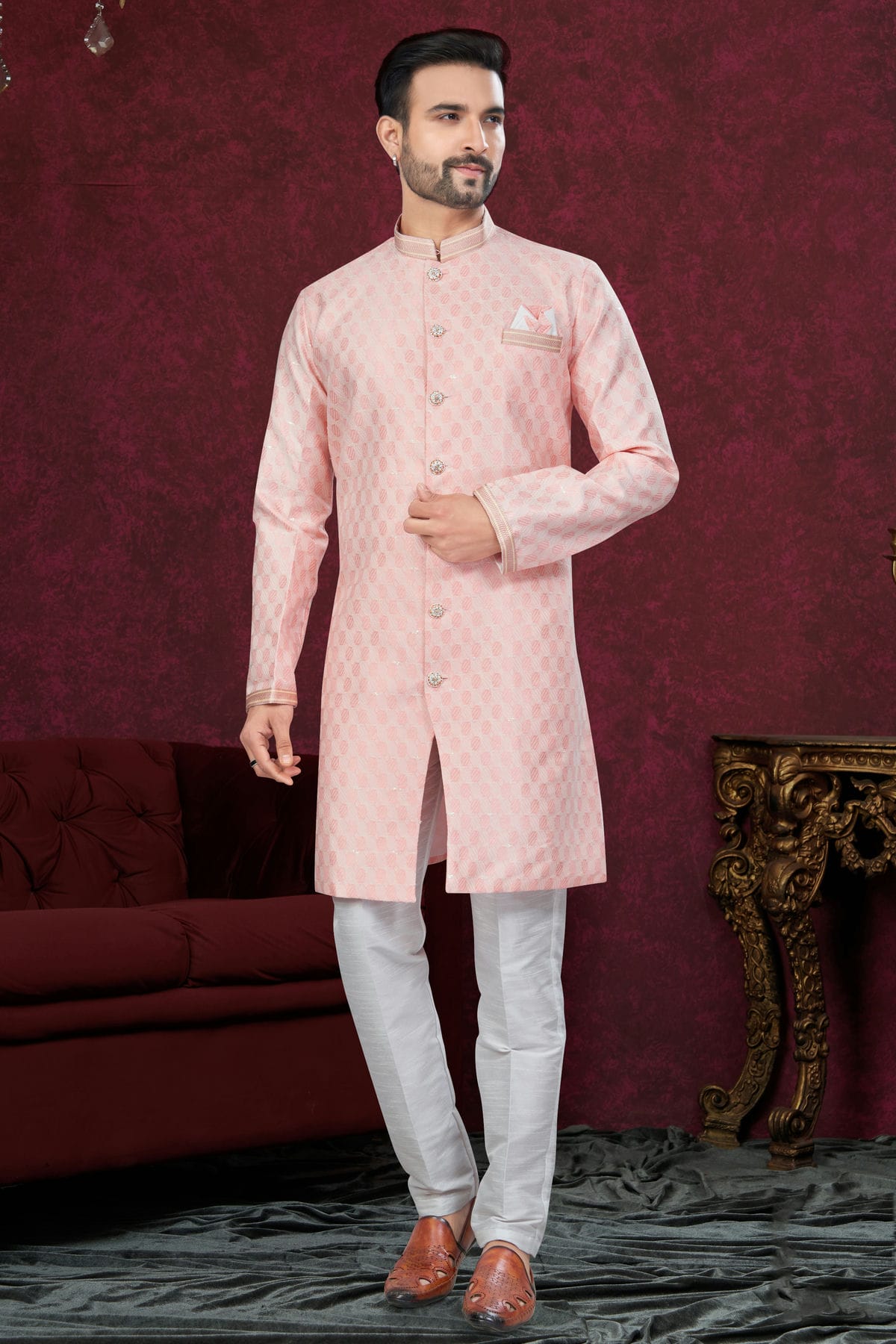 Peach Colour Silk Dupion Sherwani