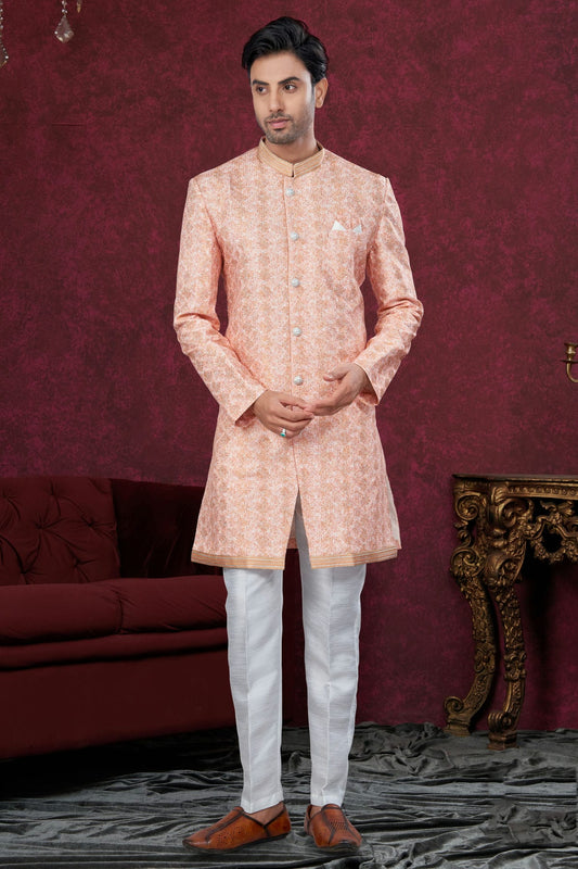 Peach Colour Silk Dupion Sherwani