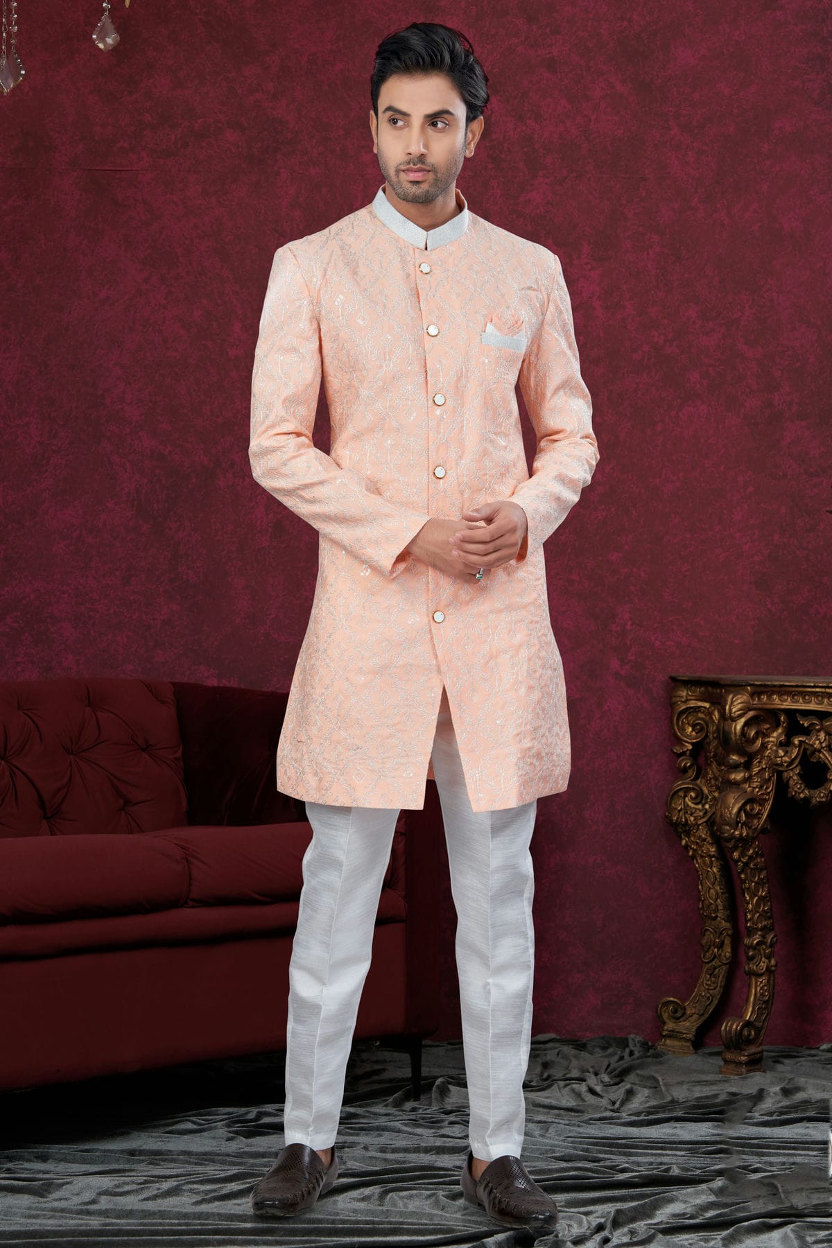 Peach Colour Silk Dupion Sherwani