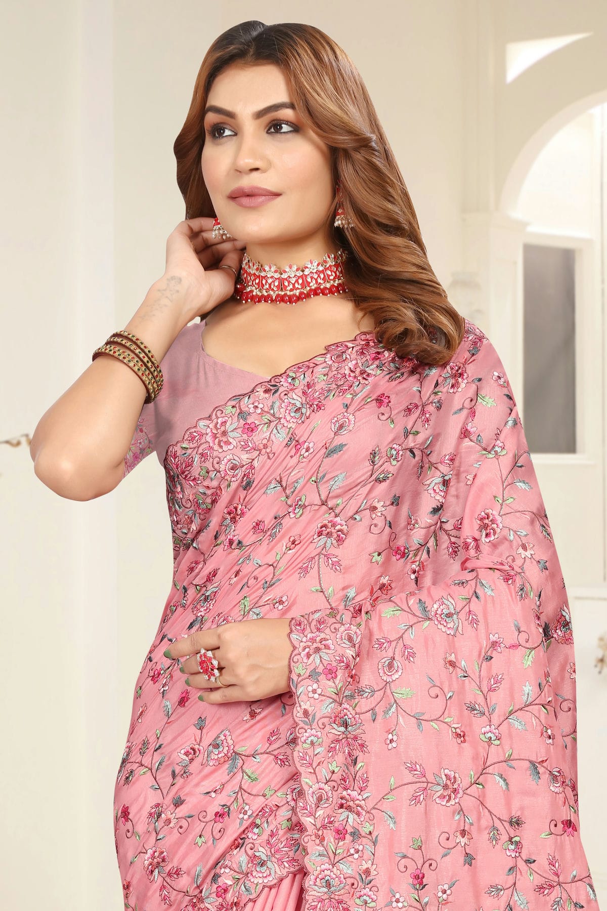 Peach Colour Tusser Silk Designer Saree