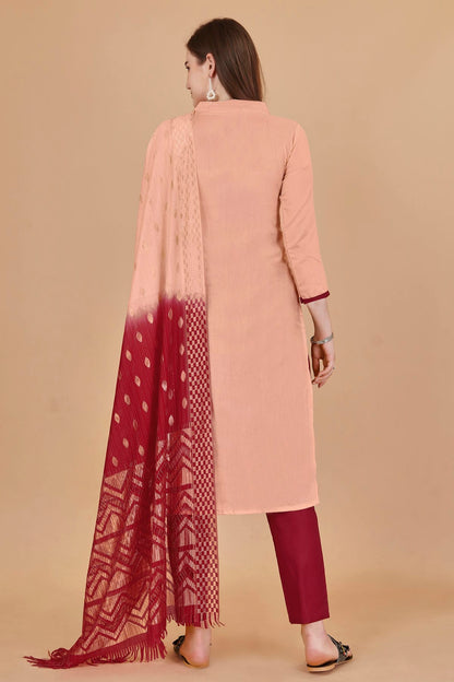 Peach Colour Unstitched Cotton Jacquard Straight Suit VSUS1160881