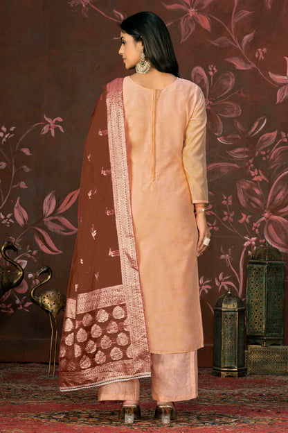 Peach Colour Unstitched Cotton Jacquard Straight Suit VSUS1161272
