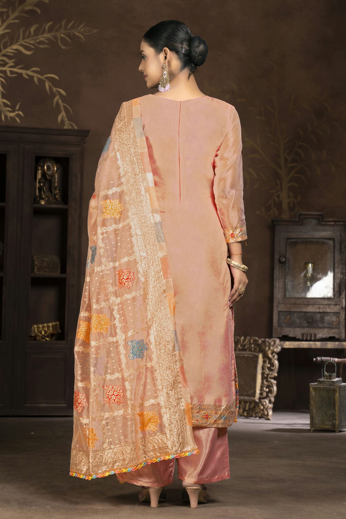 Peach Colour Unstitched Organza Jacquard Plazzo Pant Suit VSUS1160844