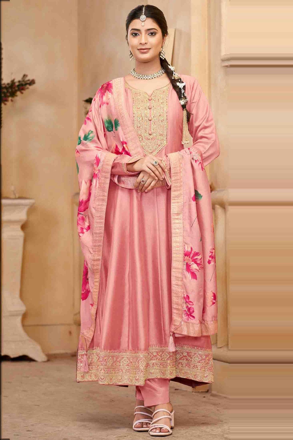 Peach Colour Vichitra Silk Anarkali Suit VSSM1112949