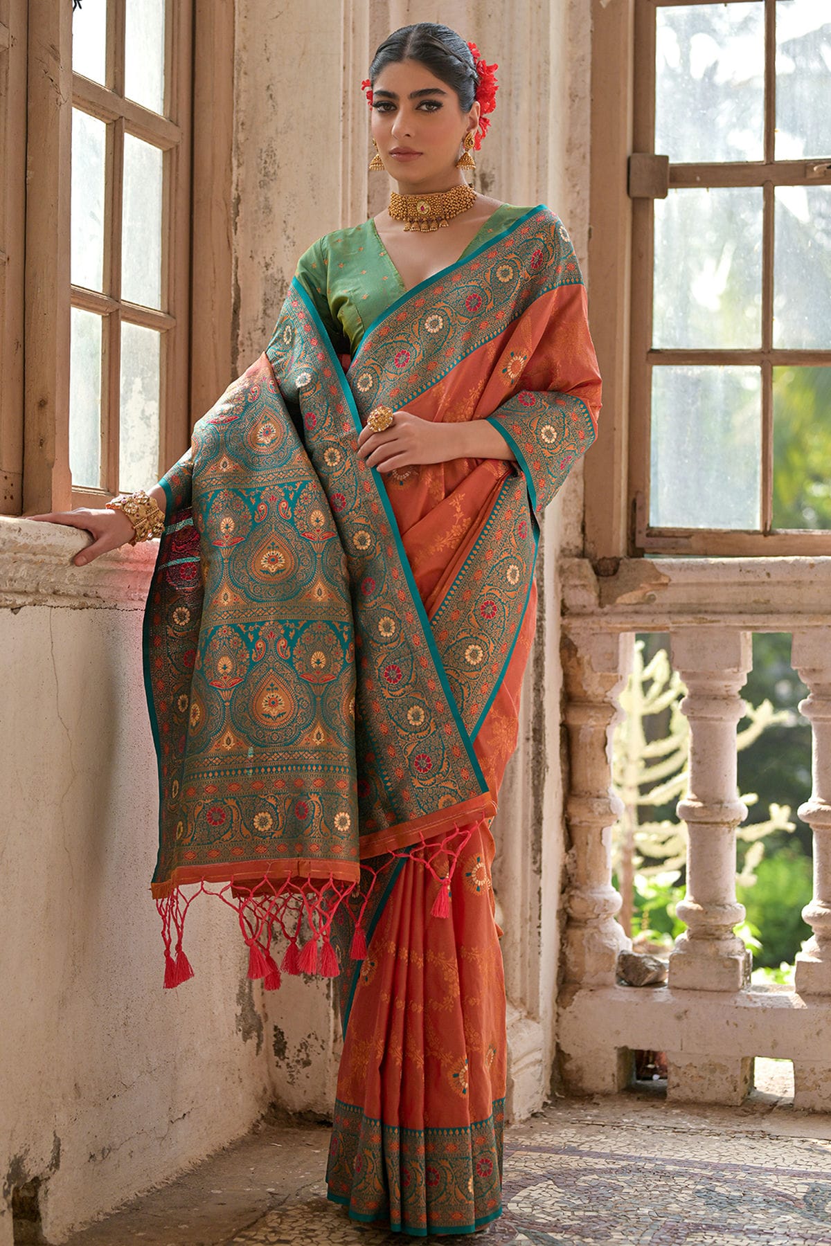 Peach Colour Woven Work Banarasi Silk Saree