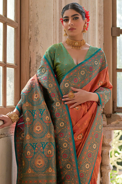 Peach Colour Woven Work Banarasi Silk Saree