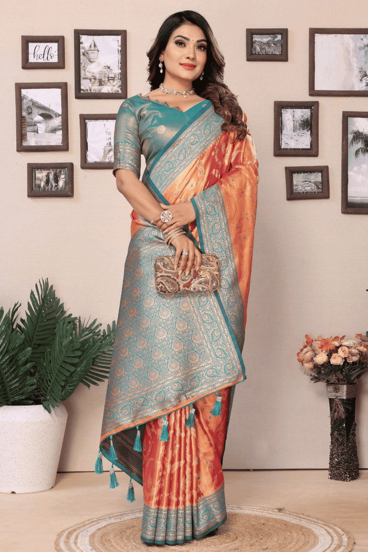 Peach Colour Woven Work Pure Banarasi Tissue Silk Traditional Saree