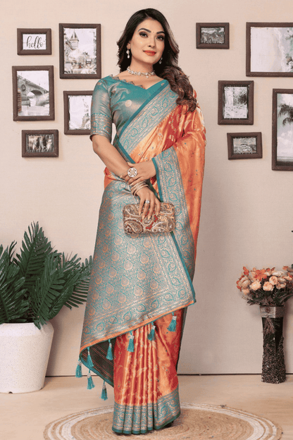 Peach Colour Woven Work Pure Banarasi Tissue Silk Traditional Saree