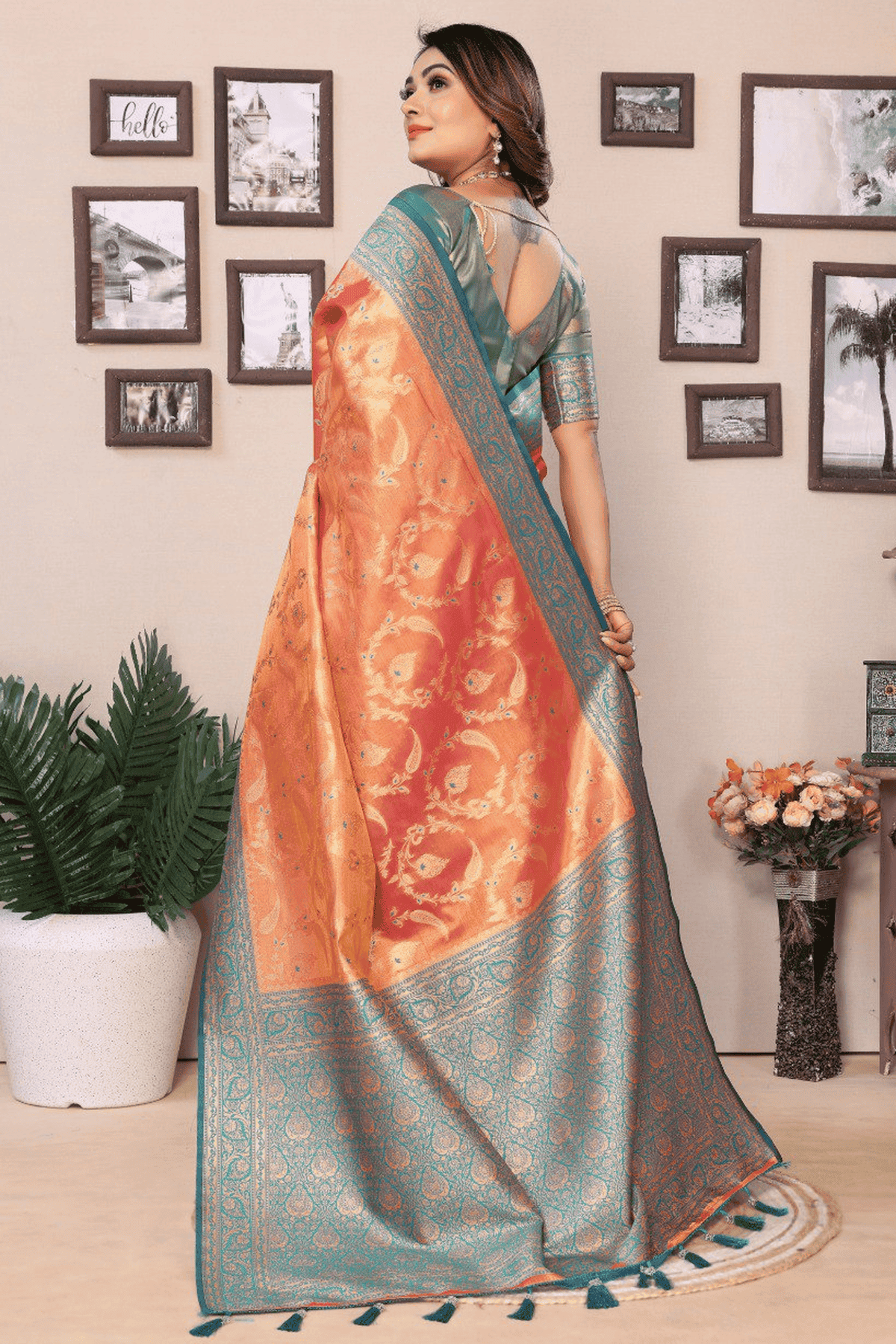 Peach Colour Woven Work Pure Banarasi Tissue Silk Traditional Saree
