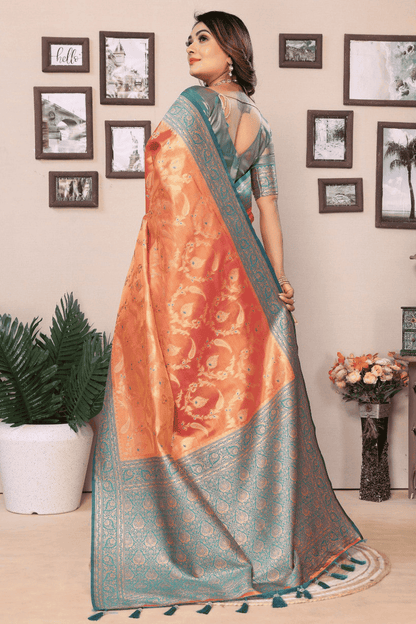 Peach Colour Woven Work Pure Banarasi Tissue Silk Traditional Saree