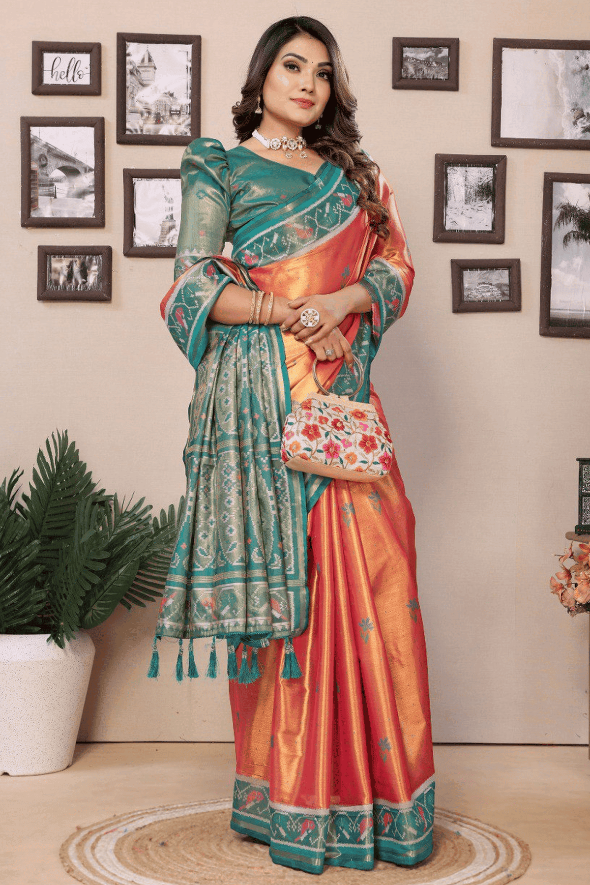 Peach Colour Woven Work Pure Banarasi Tissue Silk Traditional Saree