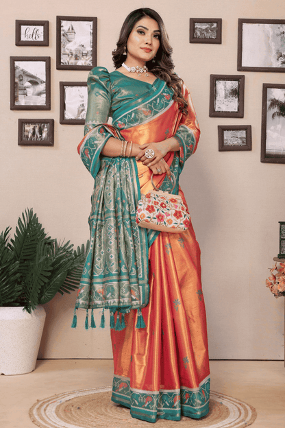 Peach Colour Woven Work Pure Banarasi Tissue Silk Traditional Saree