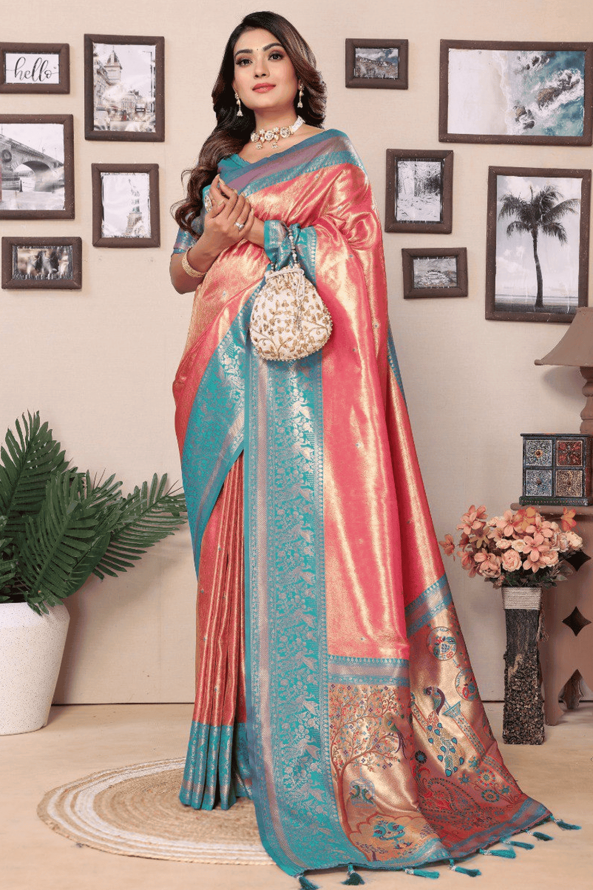 Peach Colour Woven Work Pure Banarasi Tissue Silk Traditional Saree