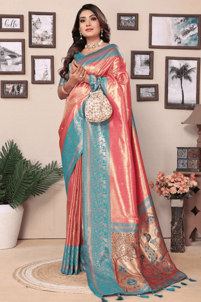 Peach Colour Woven Work Pure Banarasi Tissue Silk Traditional Saree