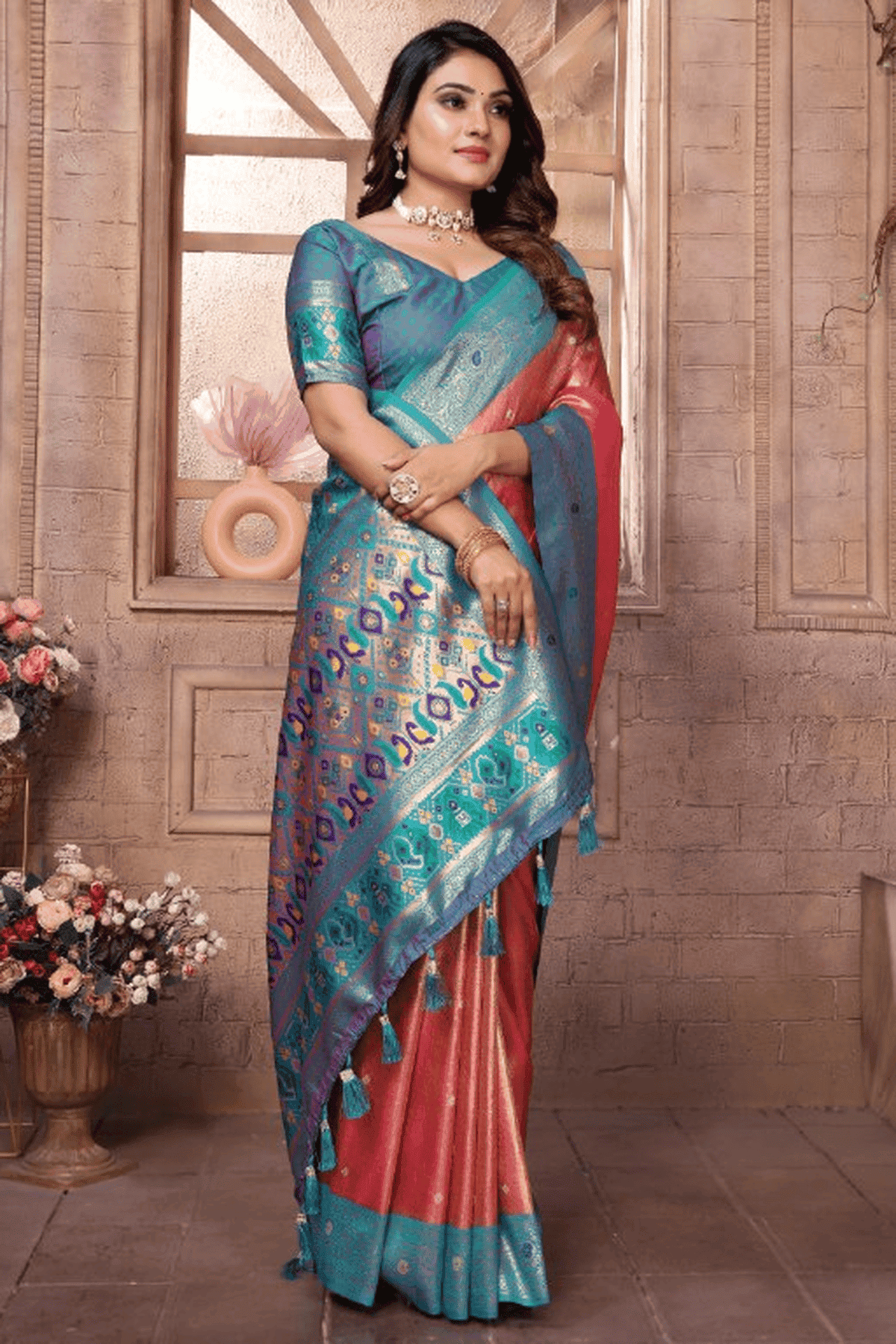 Peach Colour Woven Work Pure Banarasi Tissue Silk Traditional Saree