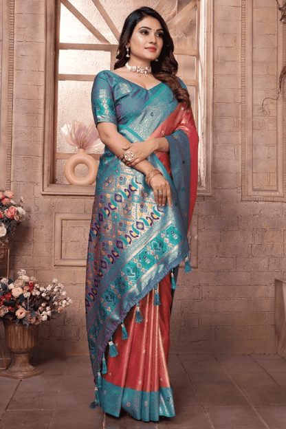 Peach Colour Woven Work Pure Banarasi Tissue Silk Traditional Saree