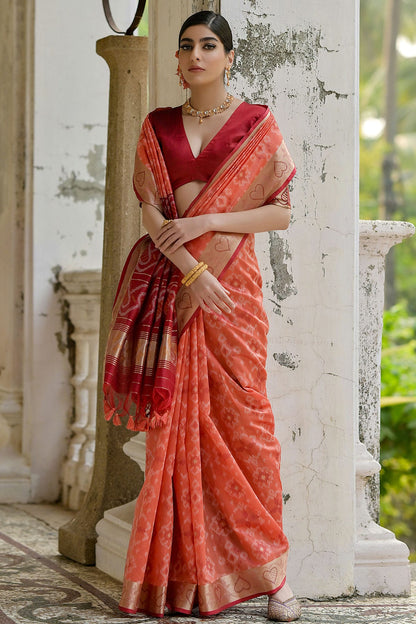 Peach Colour Woven Work Raw Silk Saree