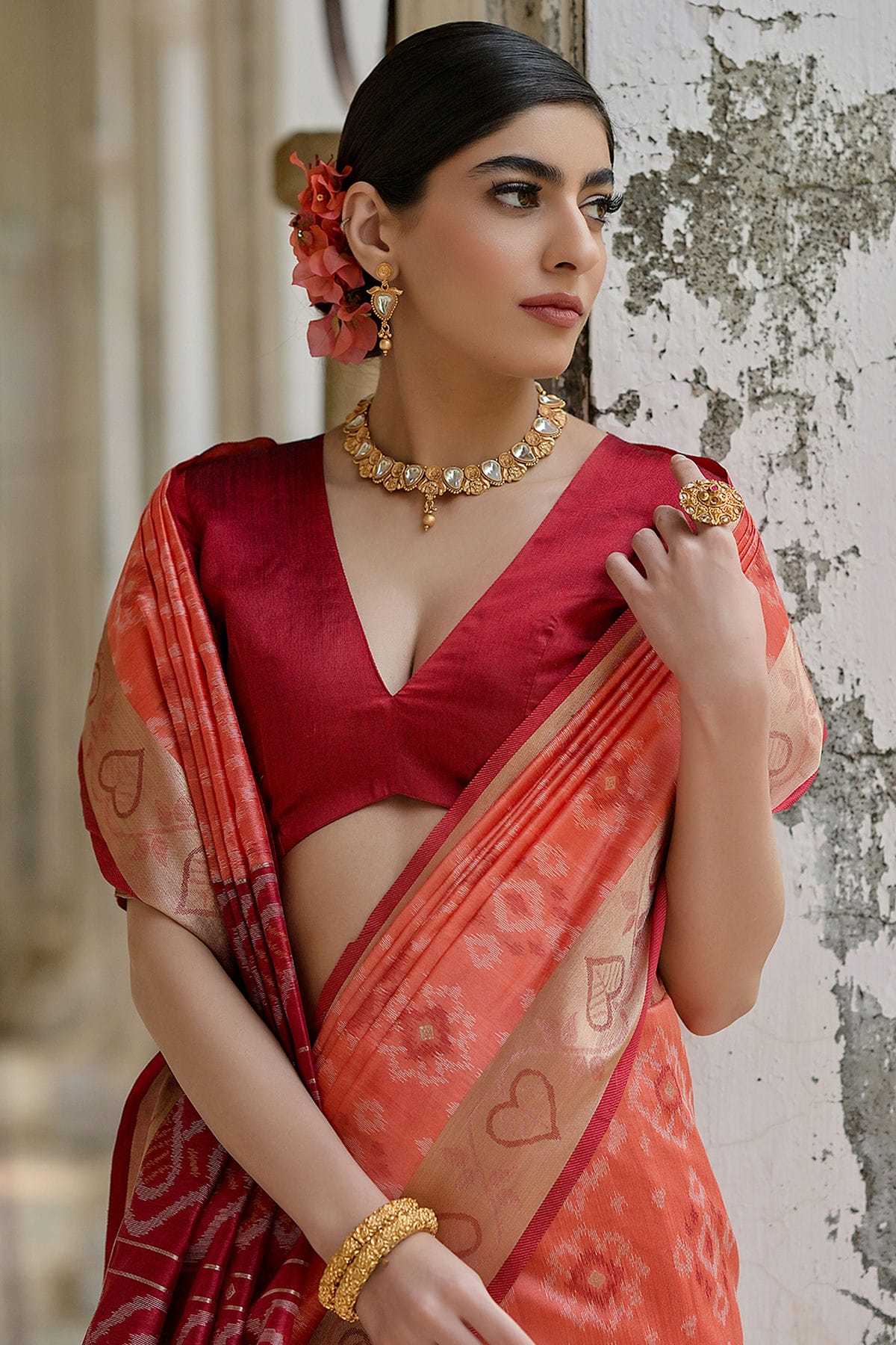 Peach Colour Woven Work Raw Silk Saree