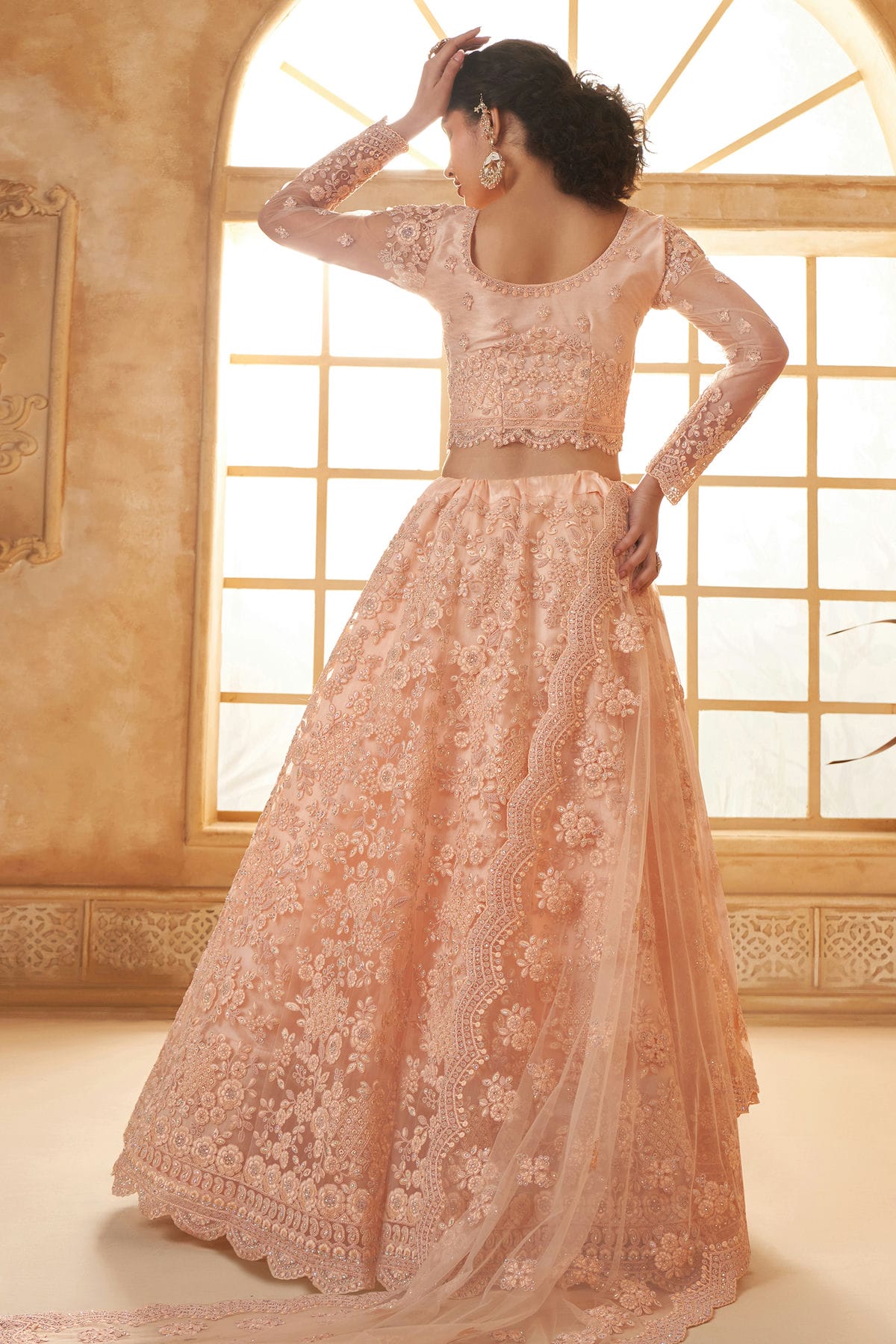 Peach Embroidery Net and SilK Lehenga Choli VSLC1290138
