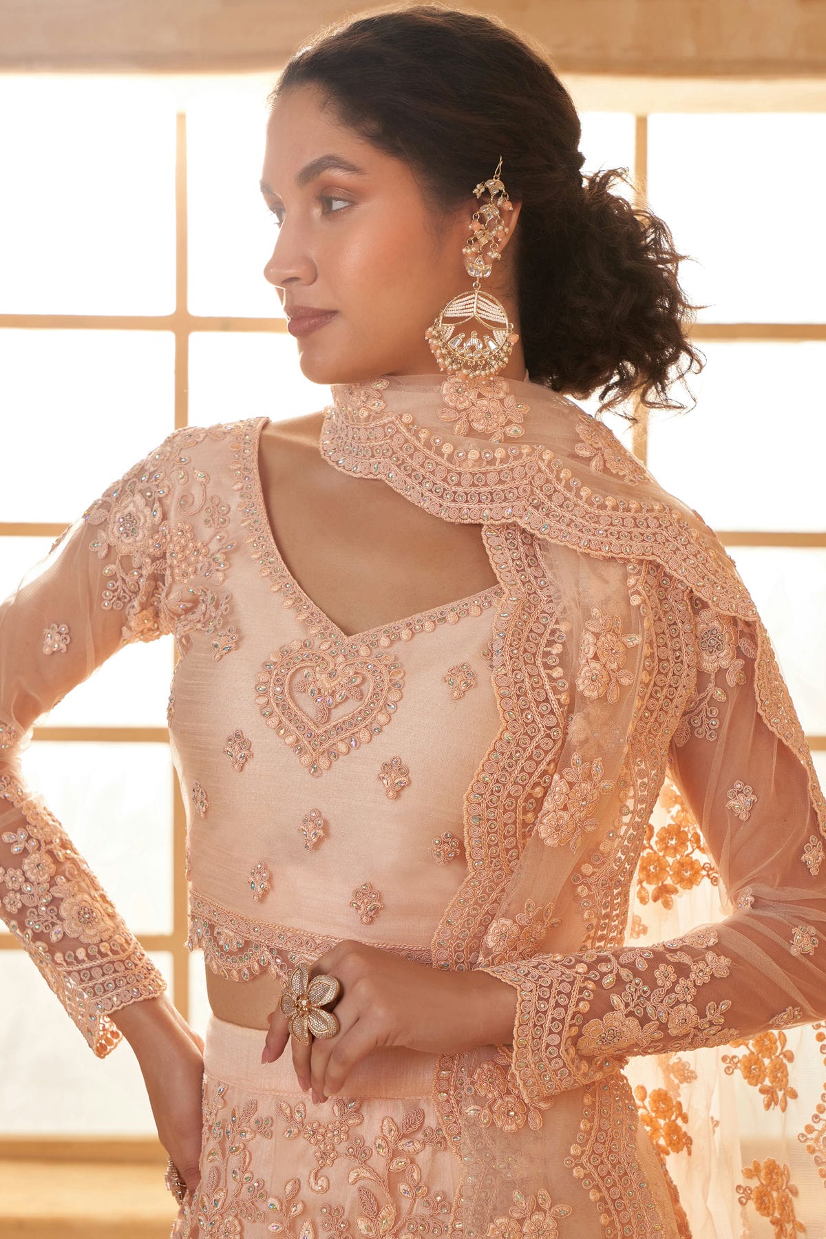 Peach Embroidery Net and SilK Lehenga Choli VSLC1290138