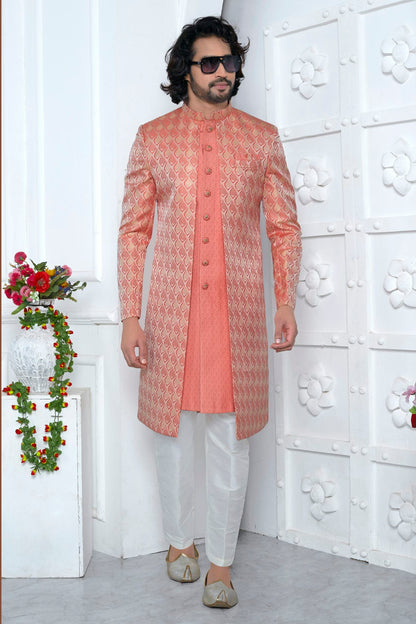 Peach and Pink Colour Jacquard Silk Indowestern Sherwani With Aligadhi Pant VSSH1230031