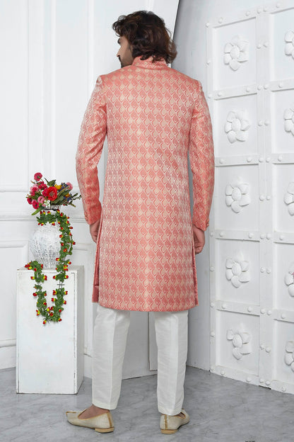 Peach and Pink Colour Jacquard Silk Indowestern Sherwani With Aligadhi Pant VSSH1230031