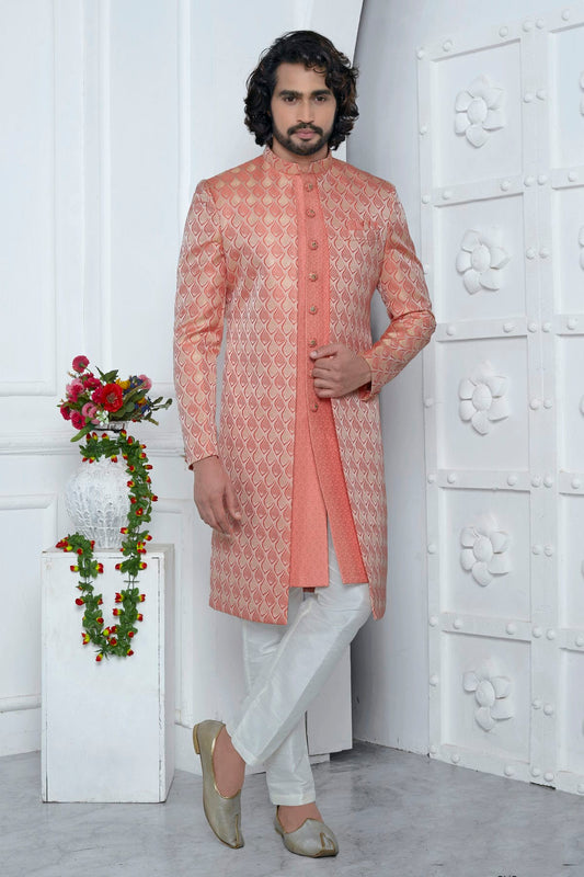 Peach and Pink Colour Jacquard Silk Indowestern Sherwani With Aligadhi Pant