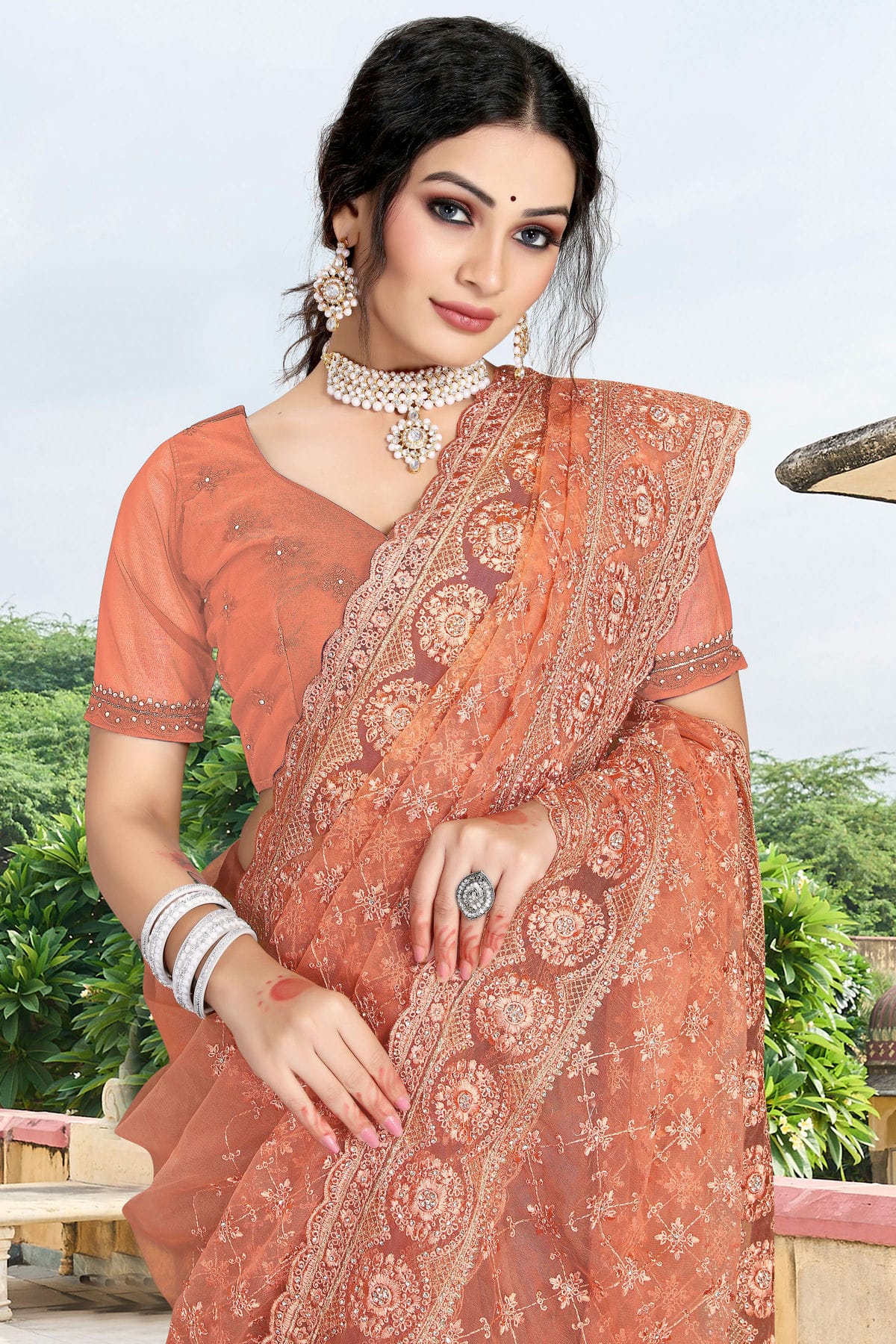 Peach Colour Net Saree VSSD1090745