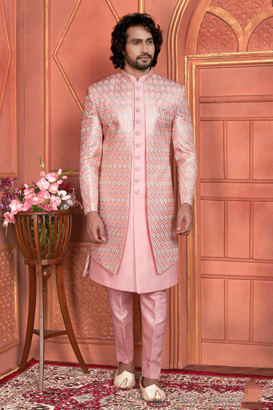 Pink Colour Art Silk Indowestern Sherwani With Aligadhi Pant