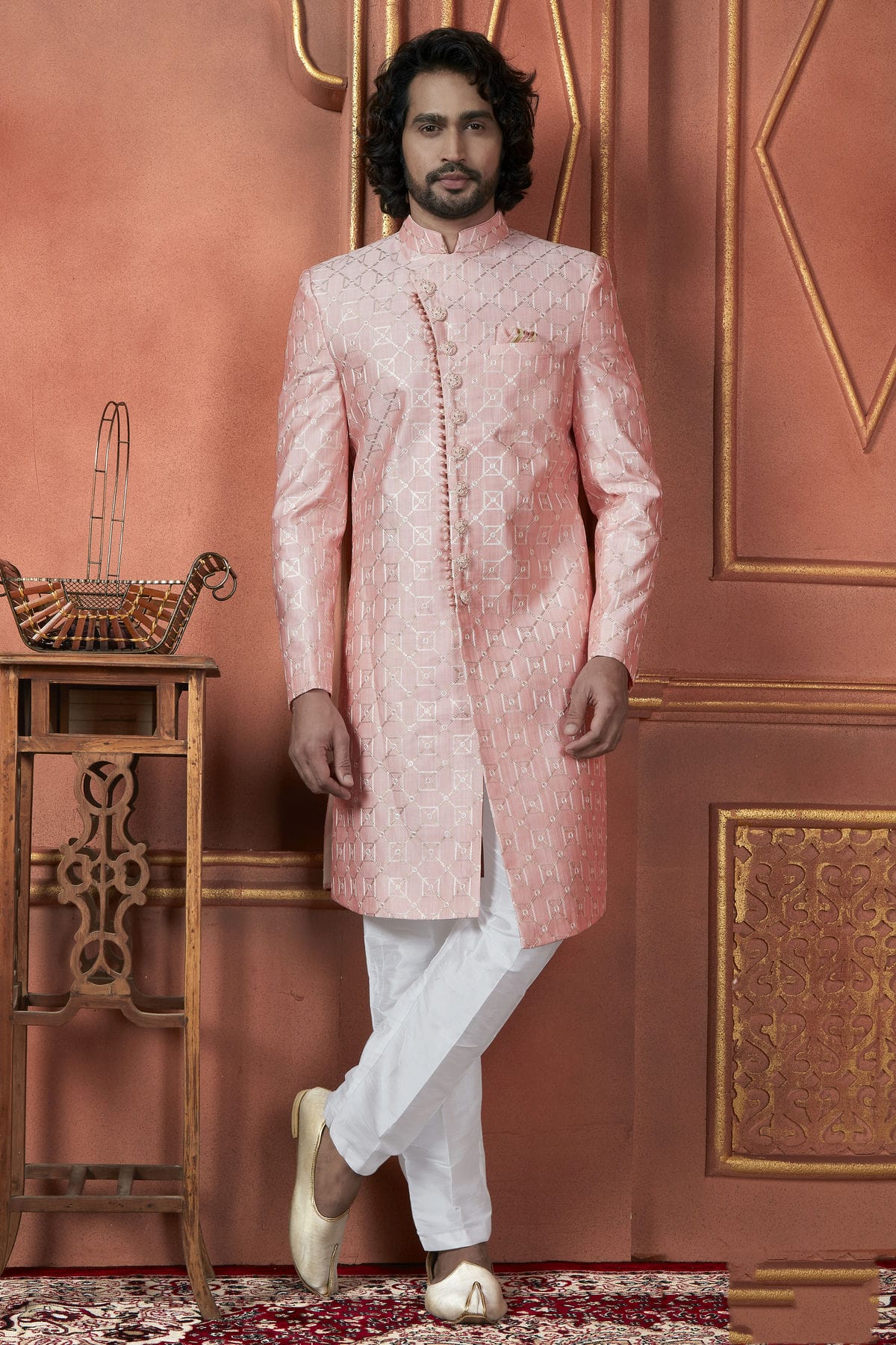 Pink Colour Art Silk Indowestern Sherwani With Aligadhi Pant