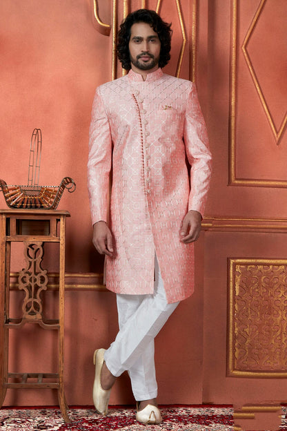 Pink Colour Art Silk Indowestern Sherwani With Aligadhi Pant