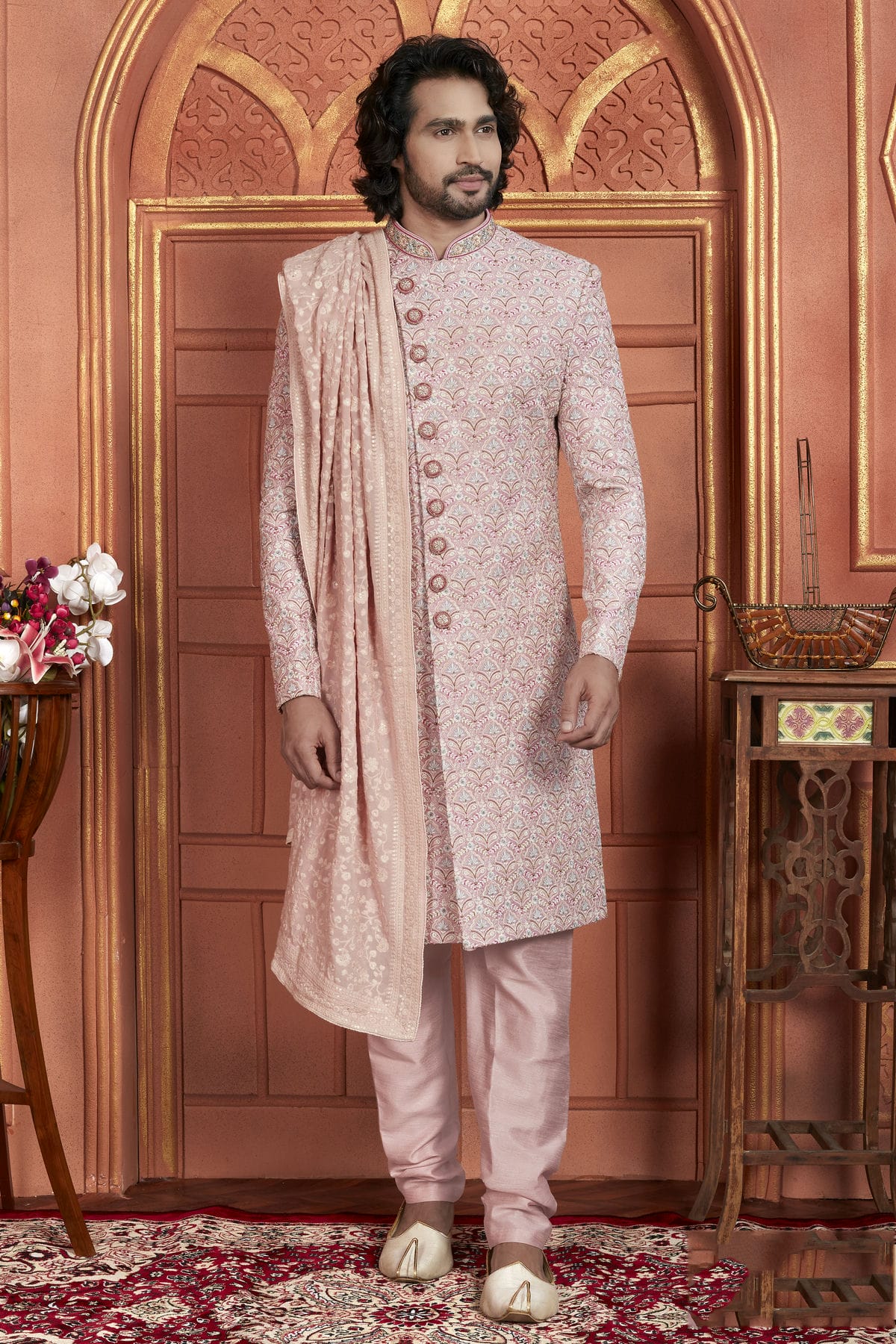 Pink Colour Art Silk Sherwani With Churidar Pant