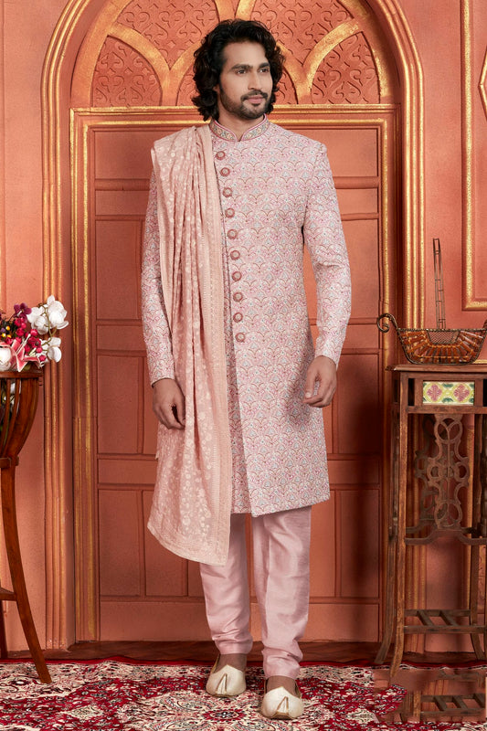 Pink Colour Art Silk Sherwani With Churidar Pant