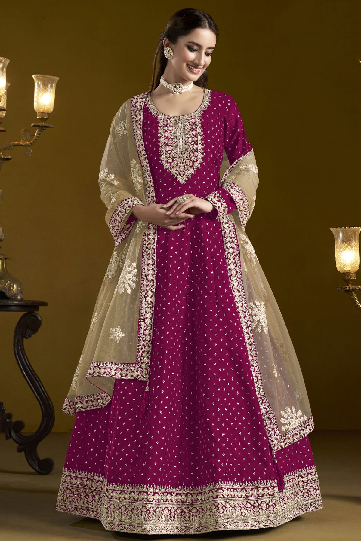 Pink Colour Chanderi Butti Semi Stitched Anarkali Suit VSSM1050652
