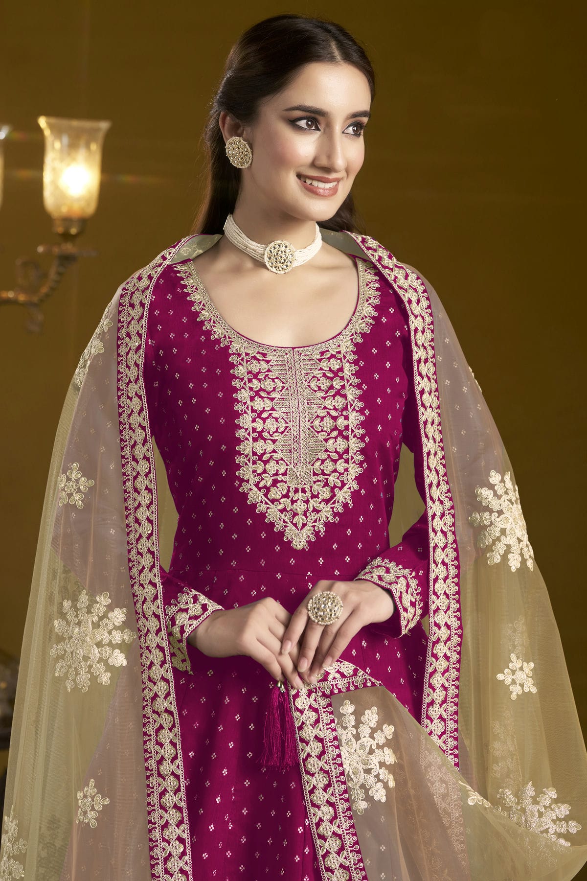 Pink Colour Chanderi Butti Semi Stitched Anarkali Suit VSSM1050652