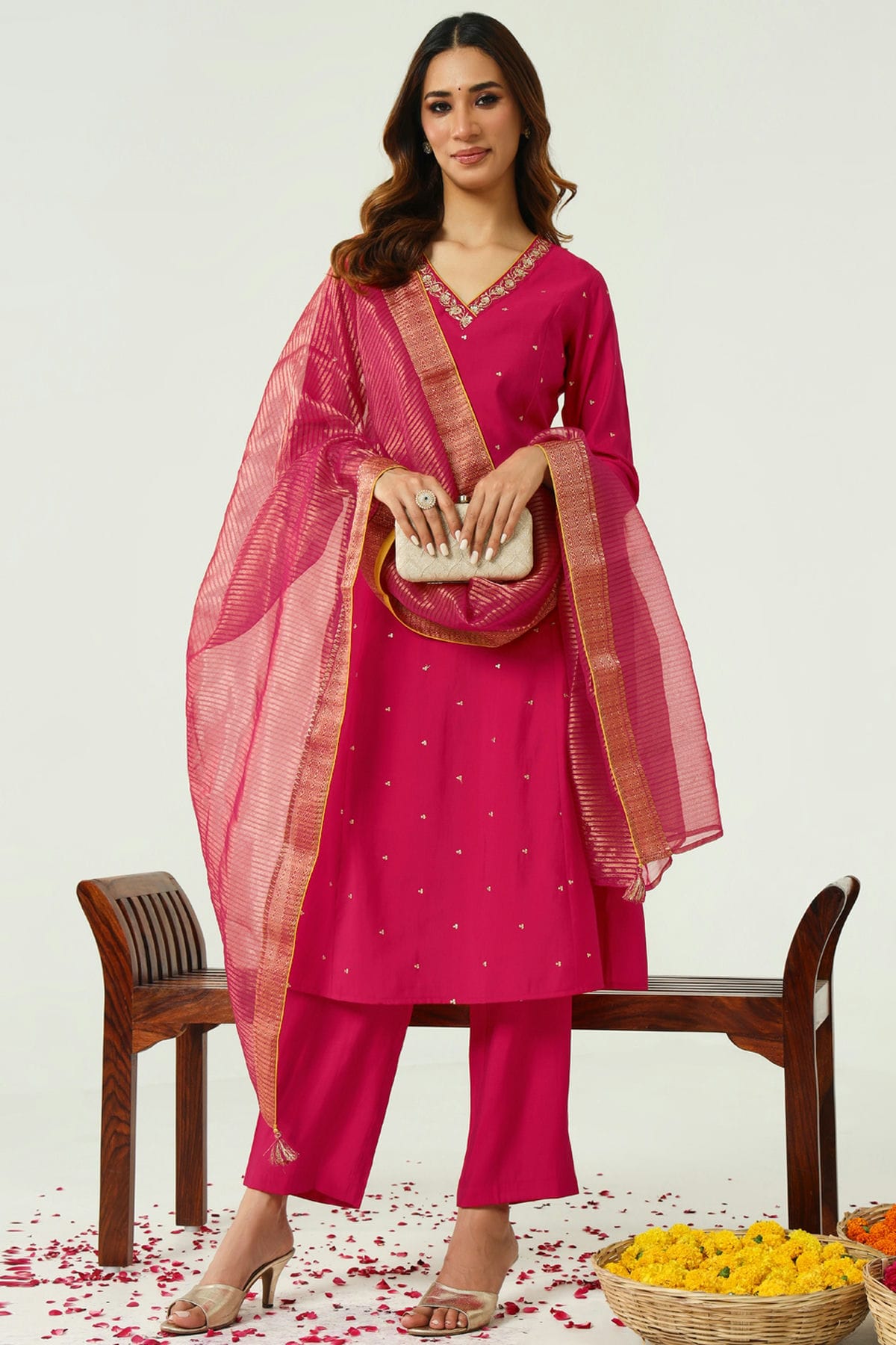 Pink Colour Chanderi Stitched Salwar Suit