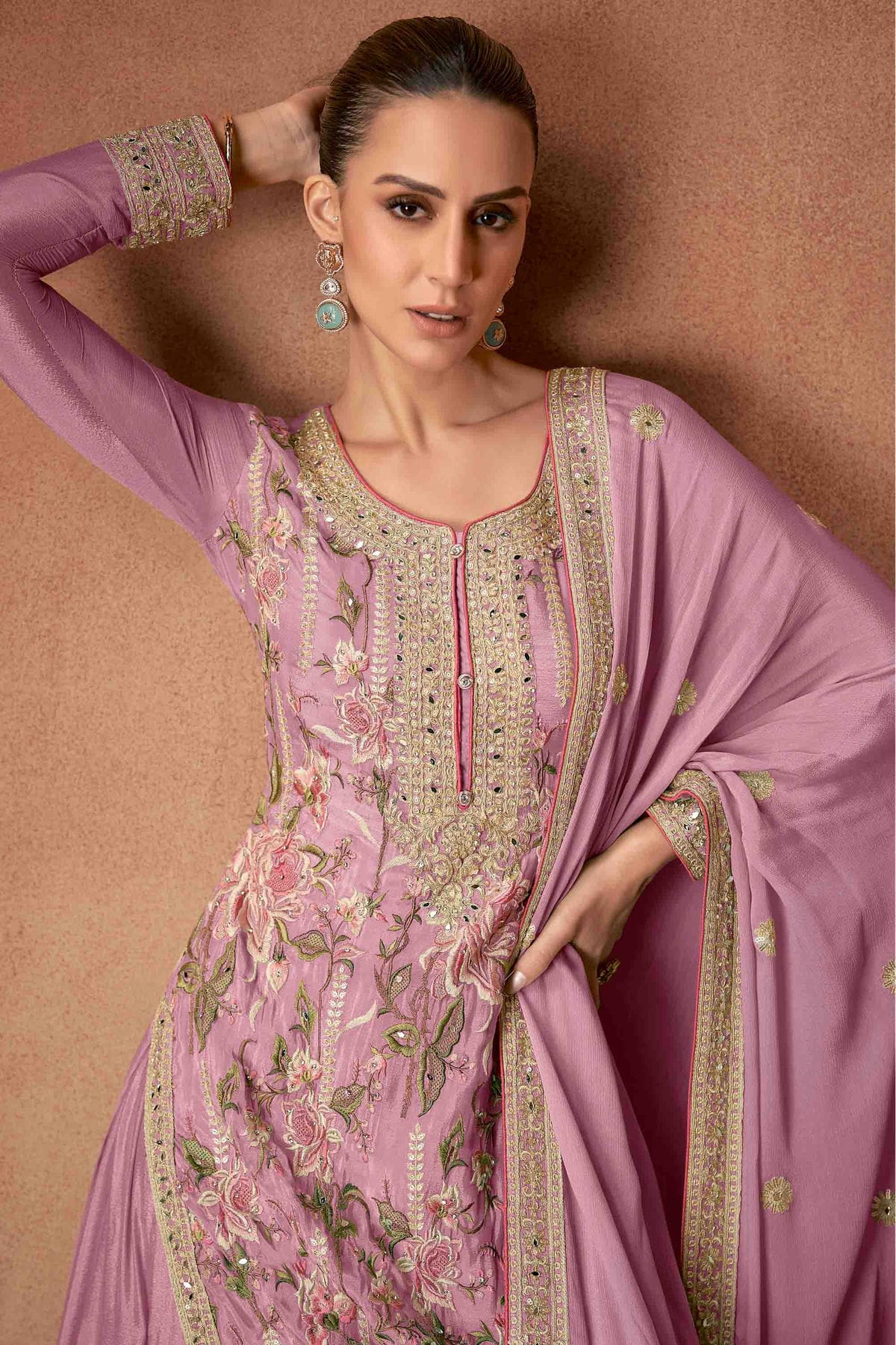 Pink Colour Chinon Palazzo Pant Suit VSSM1112962