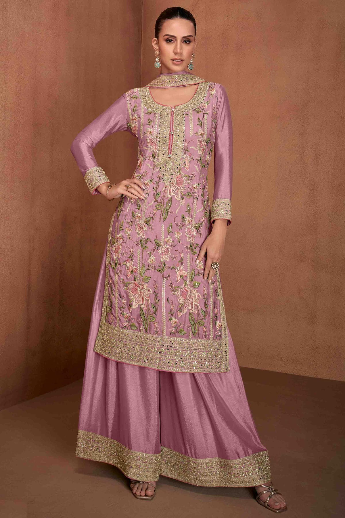 Pink Colour Chinon Palazzo Pant Suit VSSM1112962