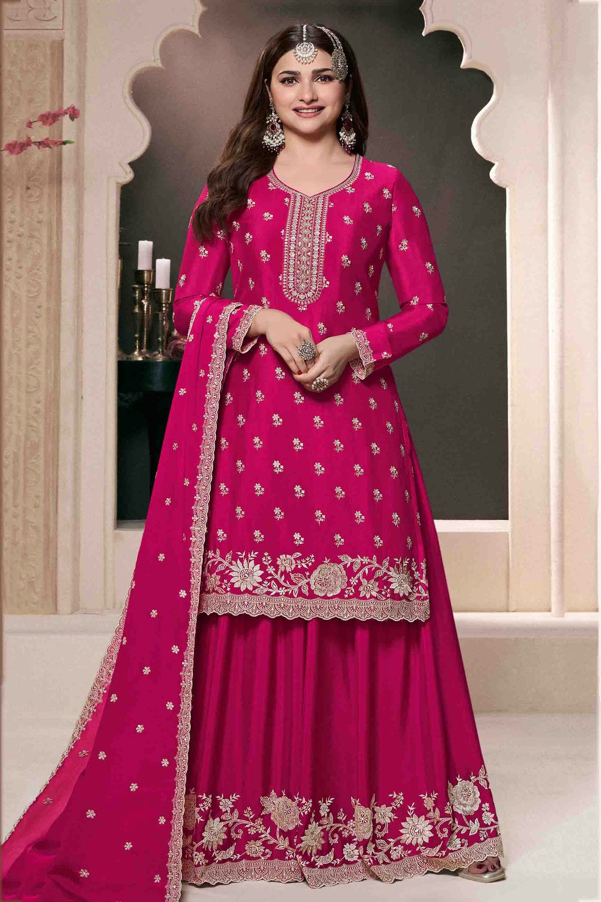 Pink Colour Chinon Palazzo Pant Suit VSSM1140914