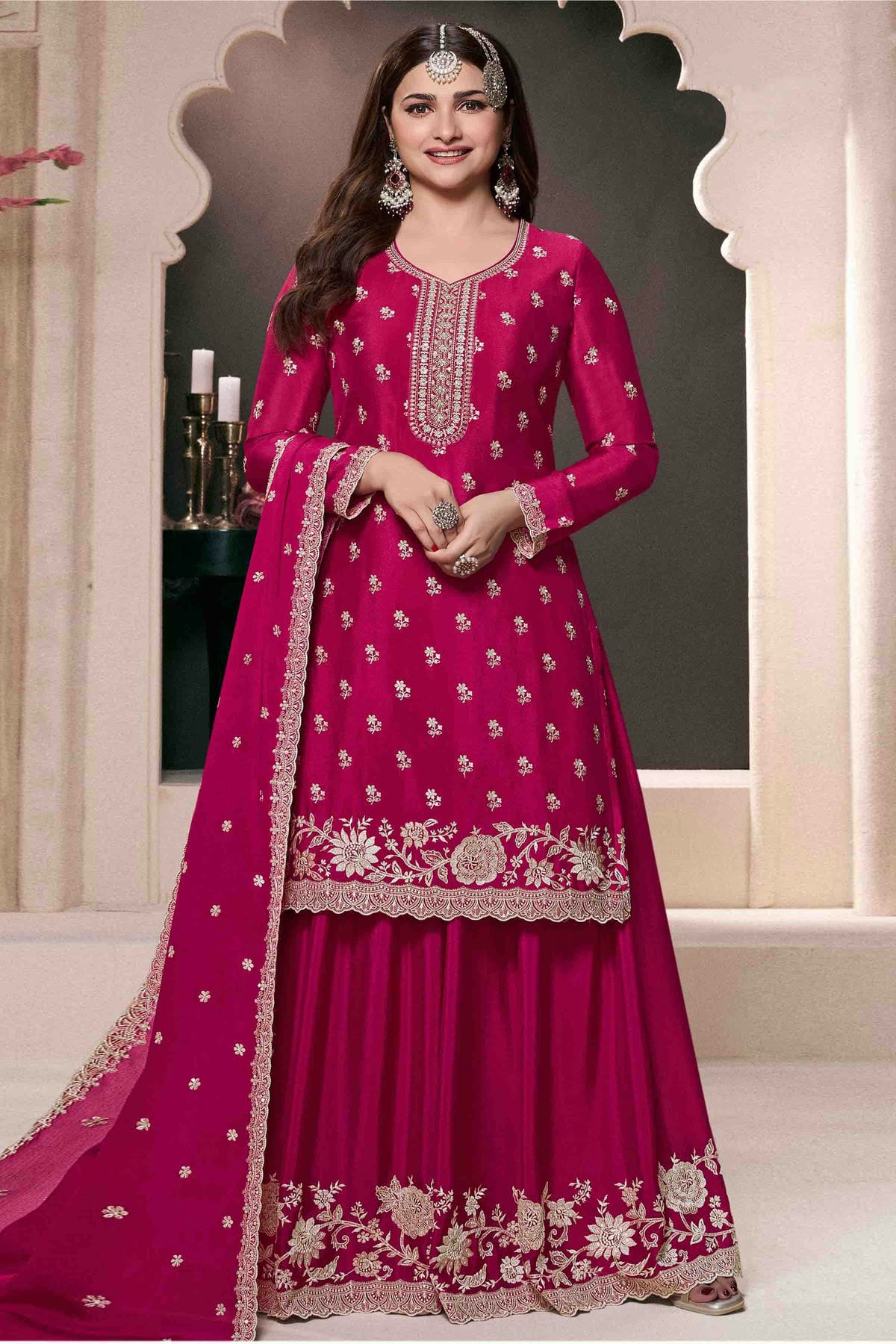 Pink Colour Chinon Palazzo Pant Suit VSSM1140921