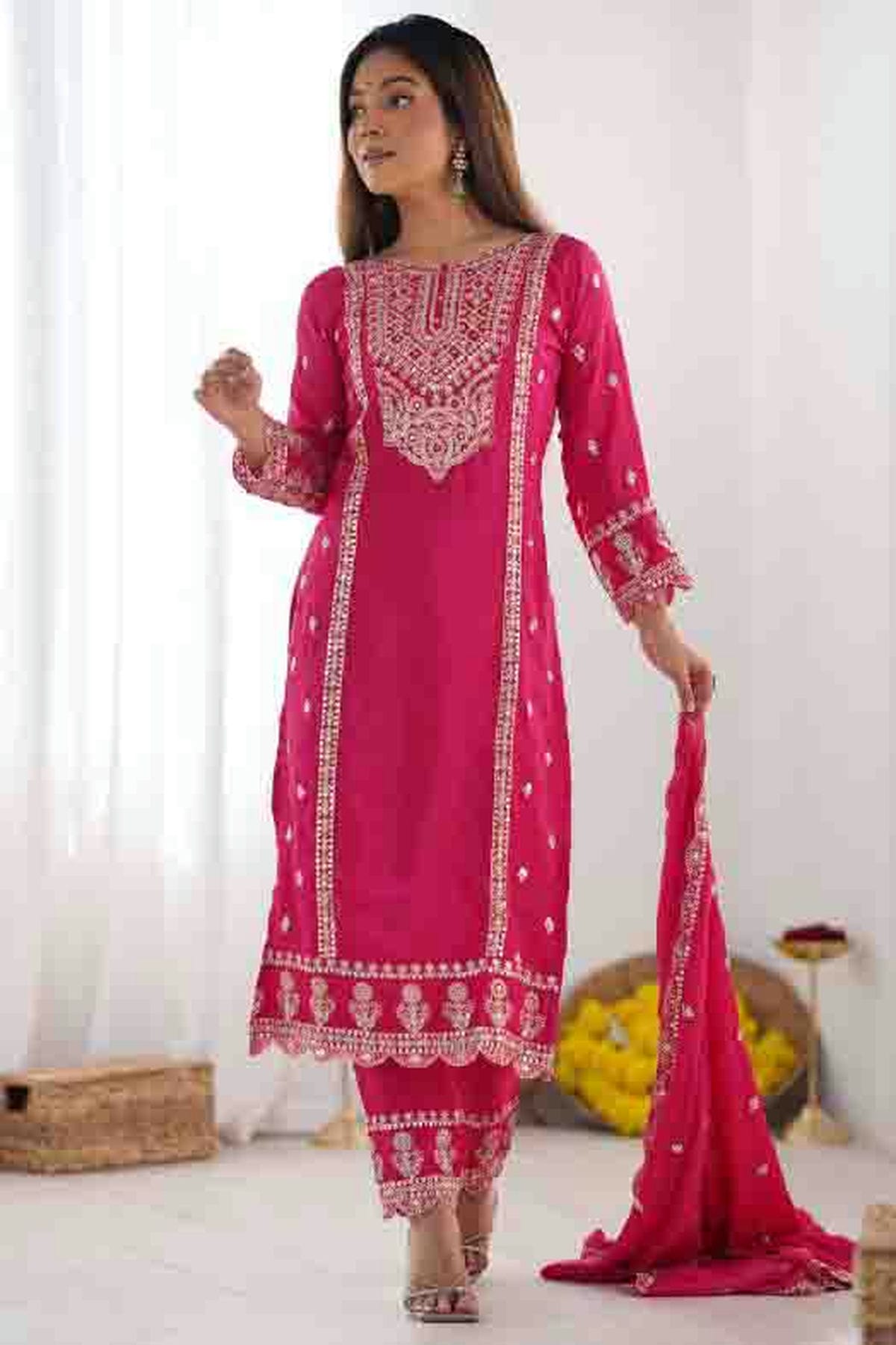 Pink Colour Chinon Silk Stitched Pant Style Suit VSSS1140930