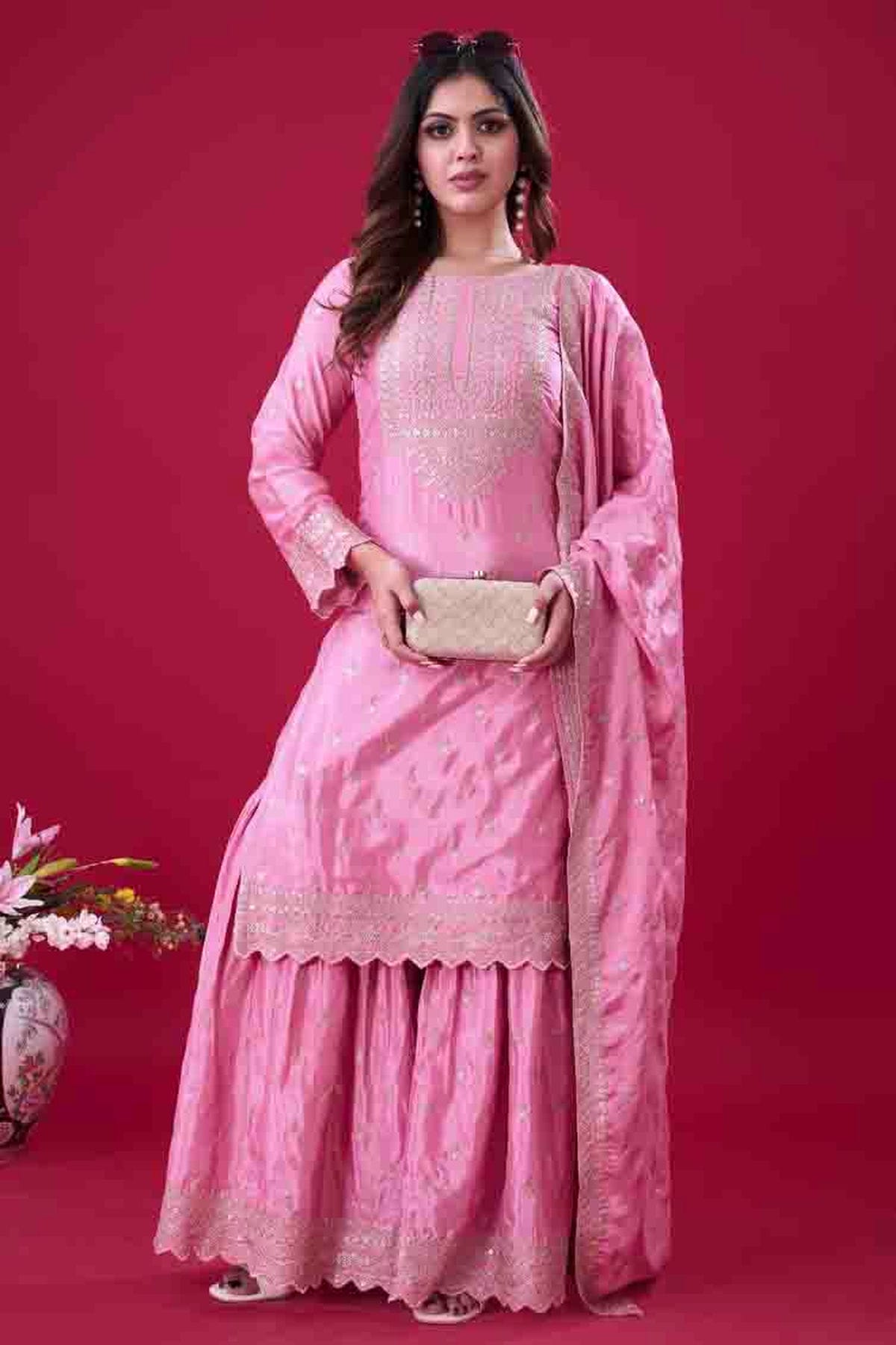Pink Colour Chinon Silk Stitched Sharara Suit VSSS1140973