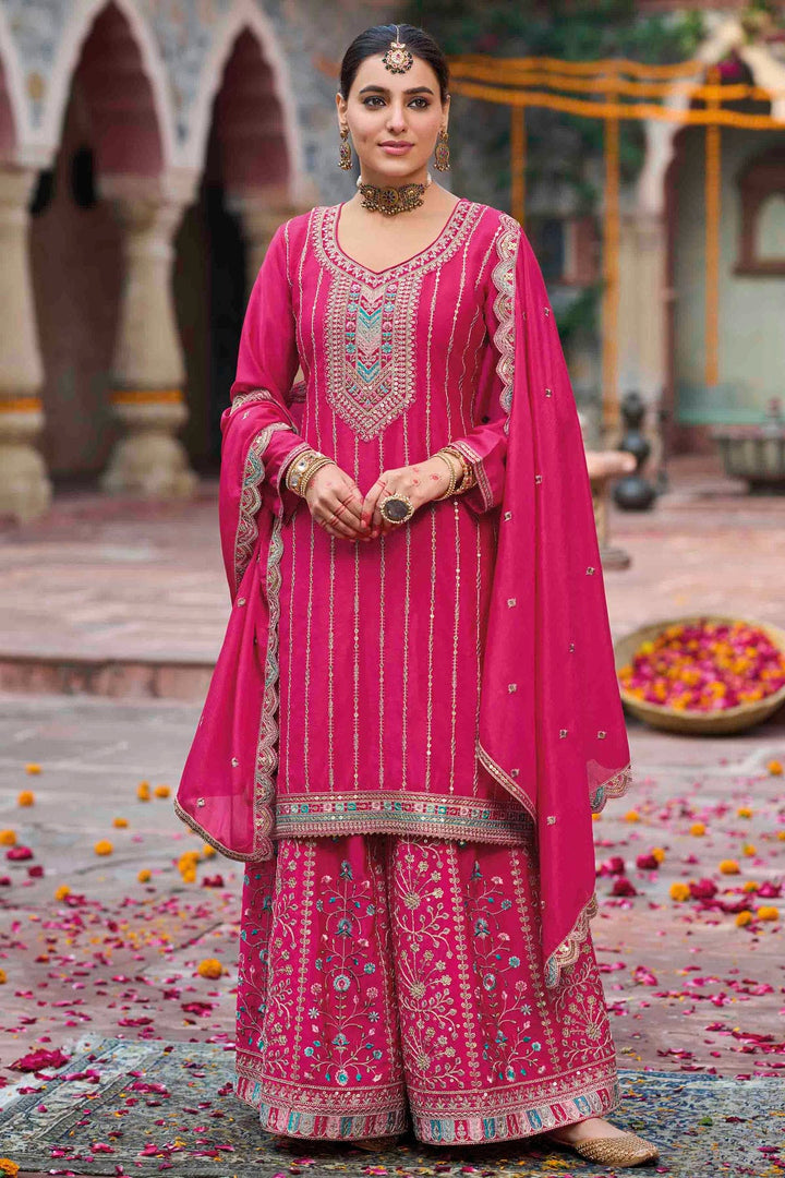 Plum Magenta Floral Motifs Embroidered Palazzo Pants Suits