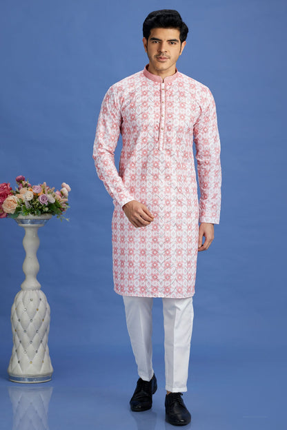 Pink Colour Cotton Pintex Work Kurta Pajama