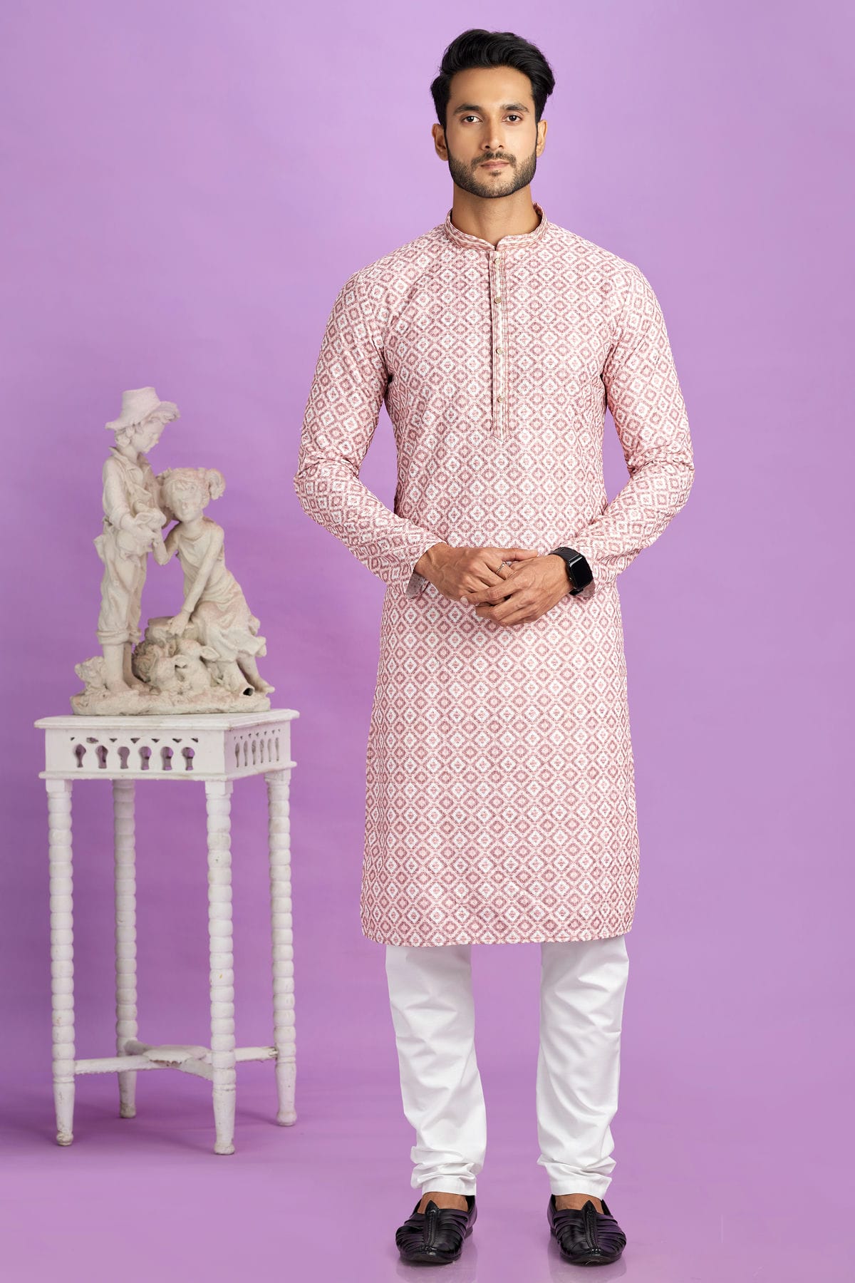 Pink Colour Cotton Pintex Work Kurta Pajama
