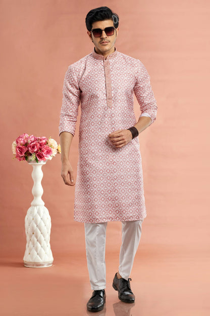 Pink Colour Cotton Thread Work Kurta Pajama VSKP1230167