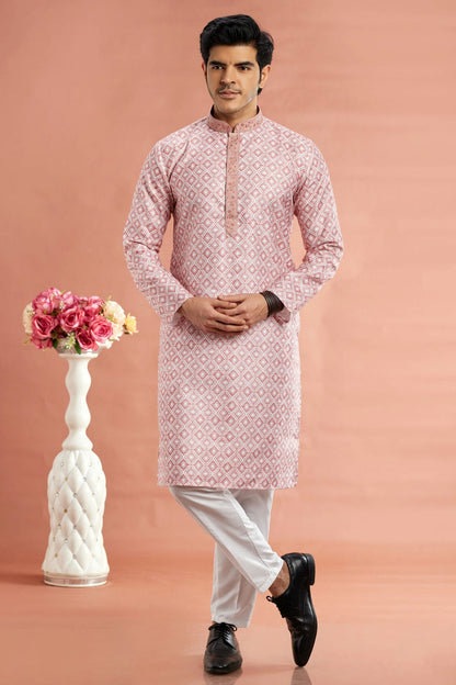 Pink Colour Cotton Thread Work Kurta Pajama