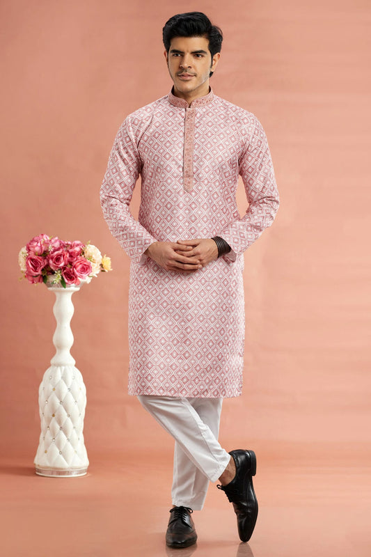Pink Colour Cotton Thread Work Kurta Pajama