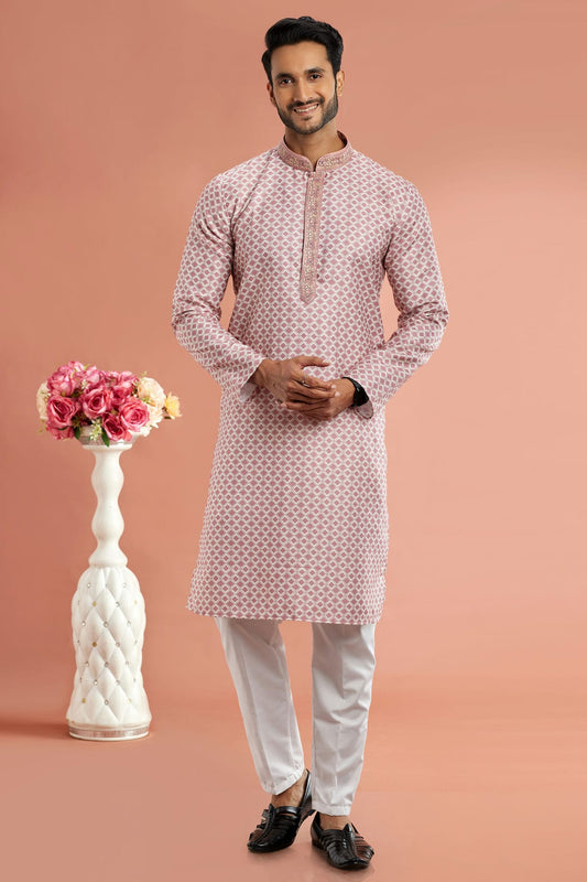 Pink Colour Cotton Thread Work Kurta Pajama