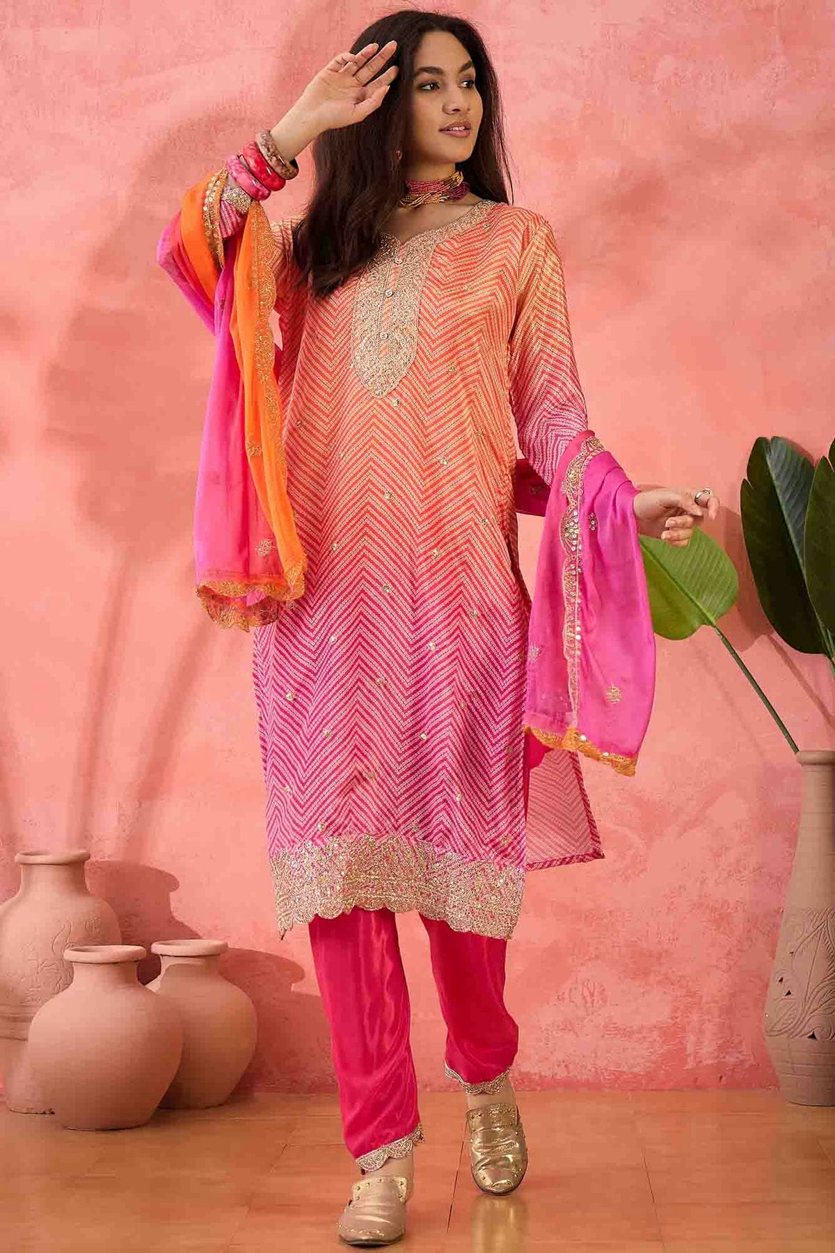 Pink Colour Embroidery Chinon Silk Pant Style Suit VSSS1113506